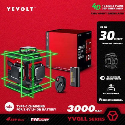 Nível a laser YEVOLT Green Beam 3D horizontal e vertical, 16 linhas, autonivelante, ferramentas de medição precisas de 360° - Série YVGLL4XS16