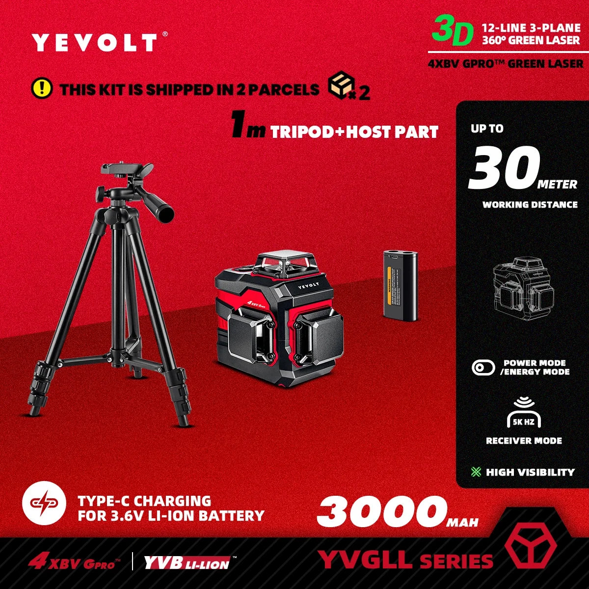 Nivel láser de obra YEVOLT YVGLL4XS12 de 360° x 3, 12 líneas, batería + USB, doble potencia, alta precisión, FloorMaster, autonivelante, alcance de 30 m