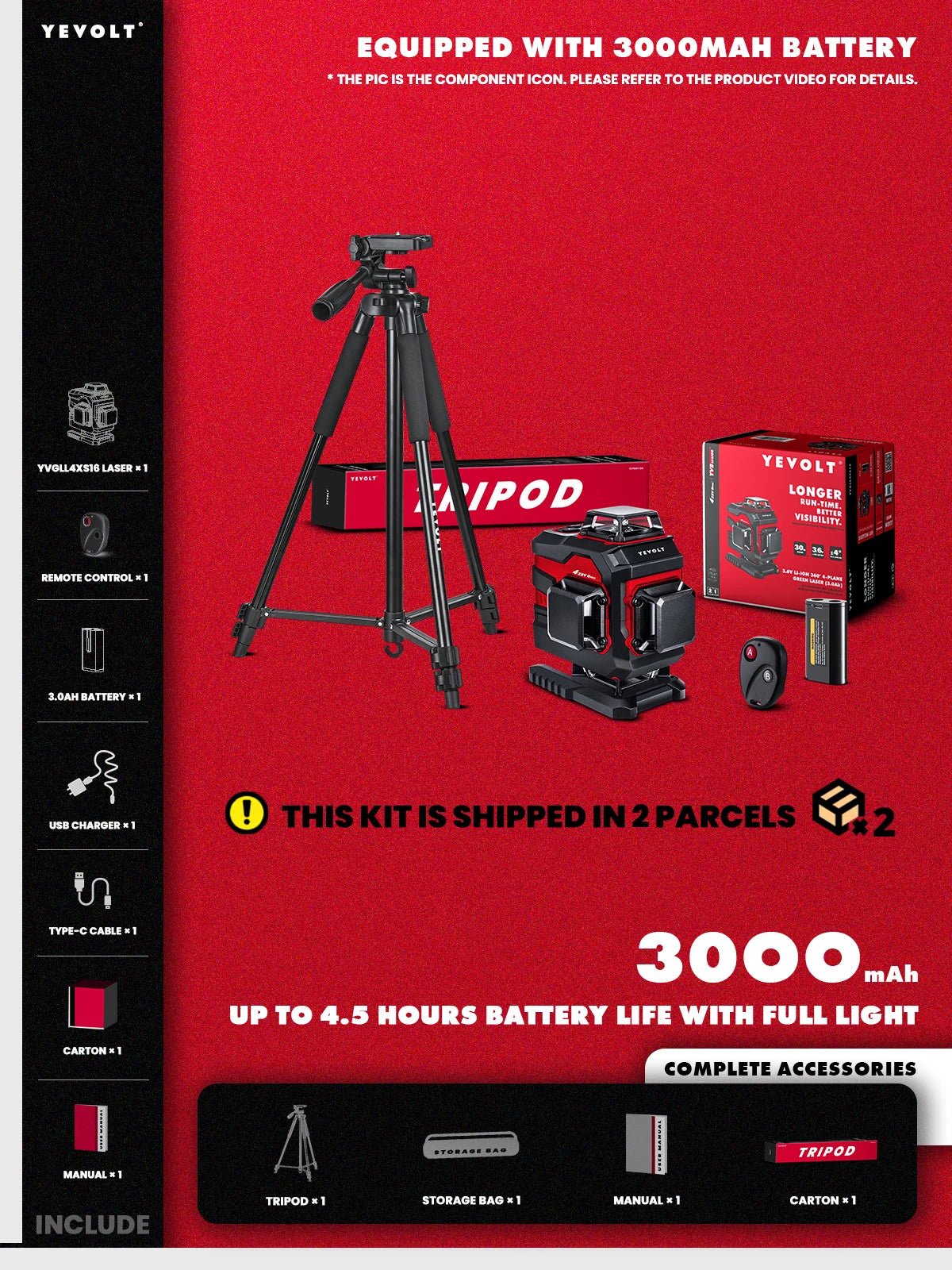 Nível a laser verde YEVOLT YVGLL4XS16 Seires 4D 16 linhas, controle remoto, máquina autoniveladora, ferramentas horizontais e verticais