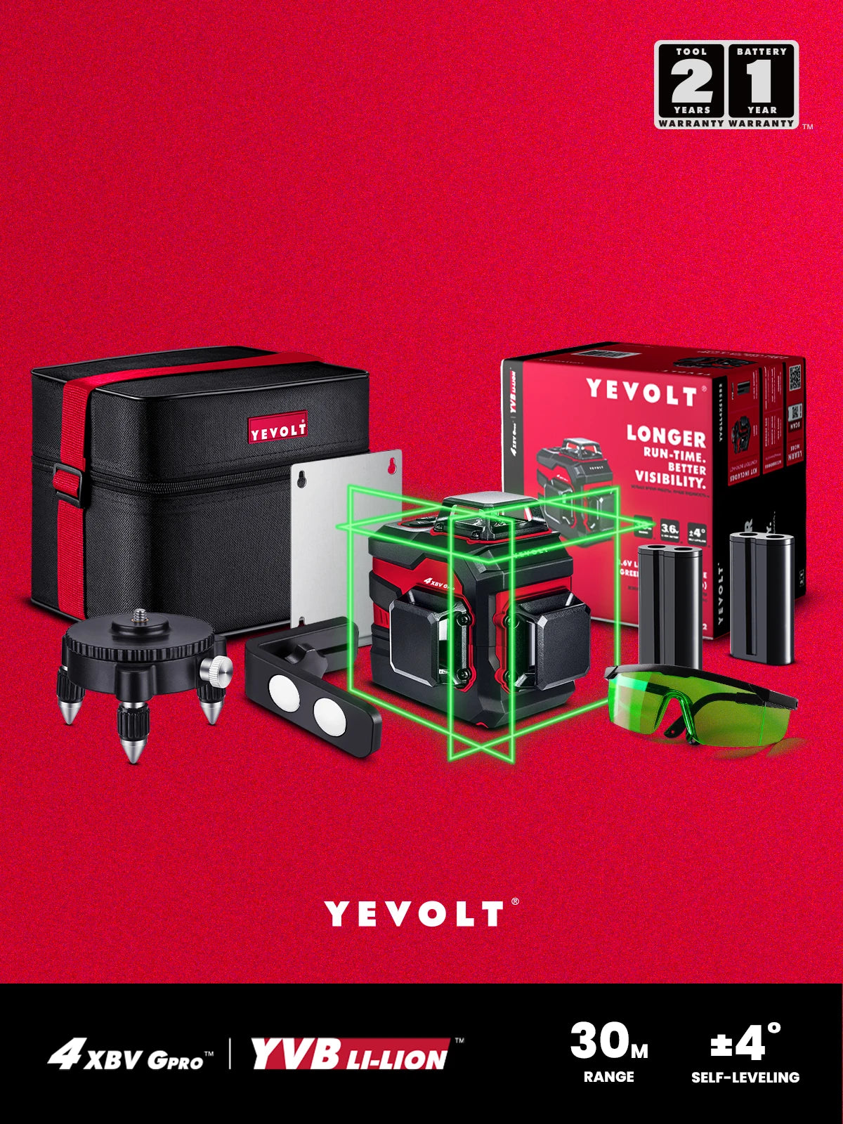 Nível a laser verde série YEVOLT YVGLL4XS12PRO, 3 planos, 12 linhas, autonivelante, 360 graus, horizontal e vertical, 3,6 V, 5,2 Ah, ferramentas elétricas