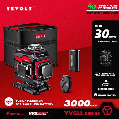 YEVOLT YVGLL4XS16 Nível a laser rotativo de 16 linhas de layout completo Sistema de alinhamento de ladrilhos autonivelante QuikTilt Alcance de 30 m de precisão