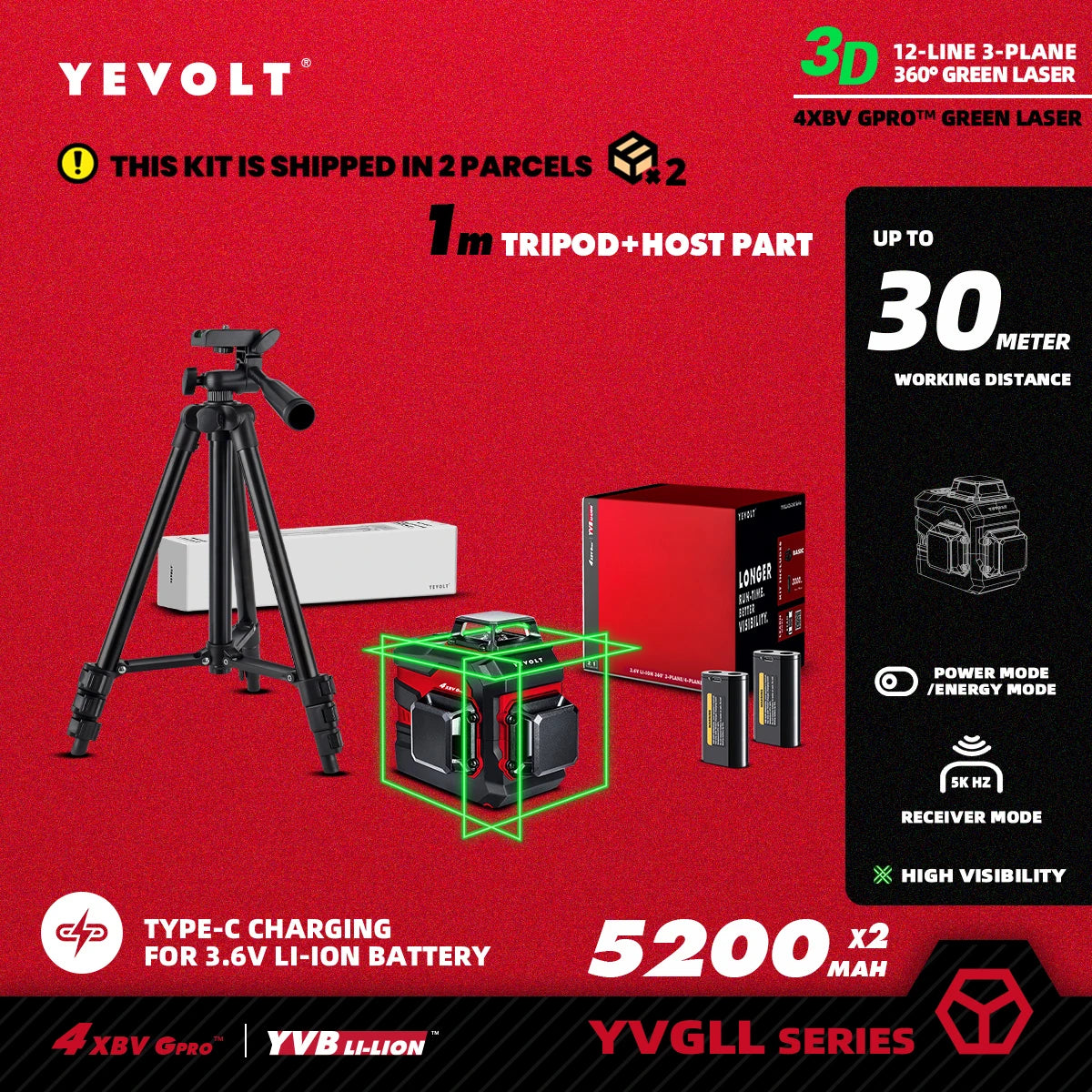 Nível a laser verde YEVOLT TL-YVGLL4XS-Series 3/4-Plano 12/16-Linhas Autonivelante 360 ​​3D/4D Ferramenta de medição de potência - Tripé de 1 m