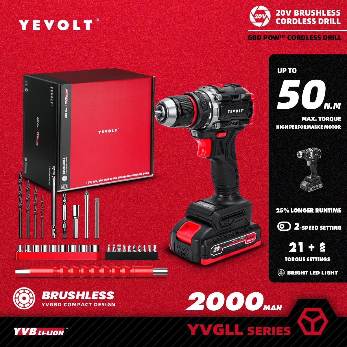 YEVOLT 20V Brushless Electric Drill  Handheld Screwdriver Li-ion Compact Cordless 21+1 Driver Power Tools-YVGBD20DU2 Series