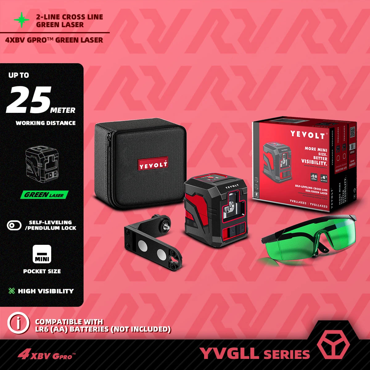 Kit de linhas cruzadas verdes YEVOLT Laser Level YVGLL4XS2 de 2 linhas - Suporte magnético, nivelamento automático, layout e ferramentas de medição de alinhamento