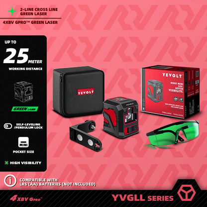 Kit de linhas cruzadas verdes YEVOLT Laser Level YVGLL4XS2 de 2 linhas - Suporte magnético, nivelamento automático, layout e ferramentas de medição de alinhamento