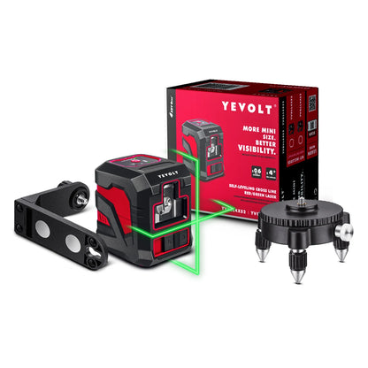 Kit de nível a laser verde de linha cruzada YEVOLT YVGLL4XS2-Ld com base giratória de 2 linhas e suporte magnético, ferramentas profissionais de nivelamento automático
