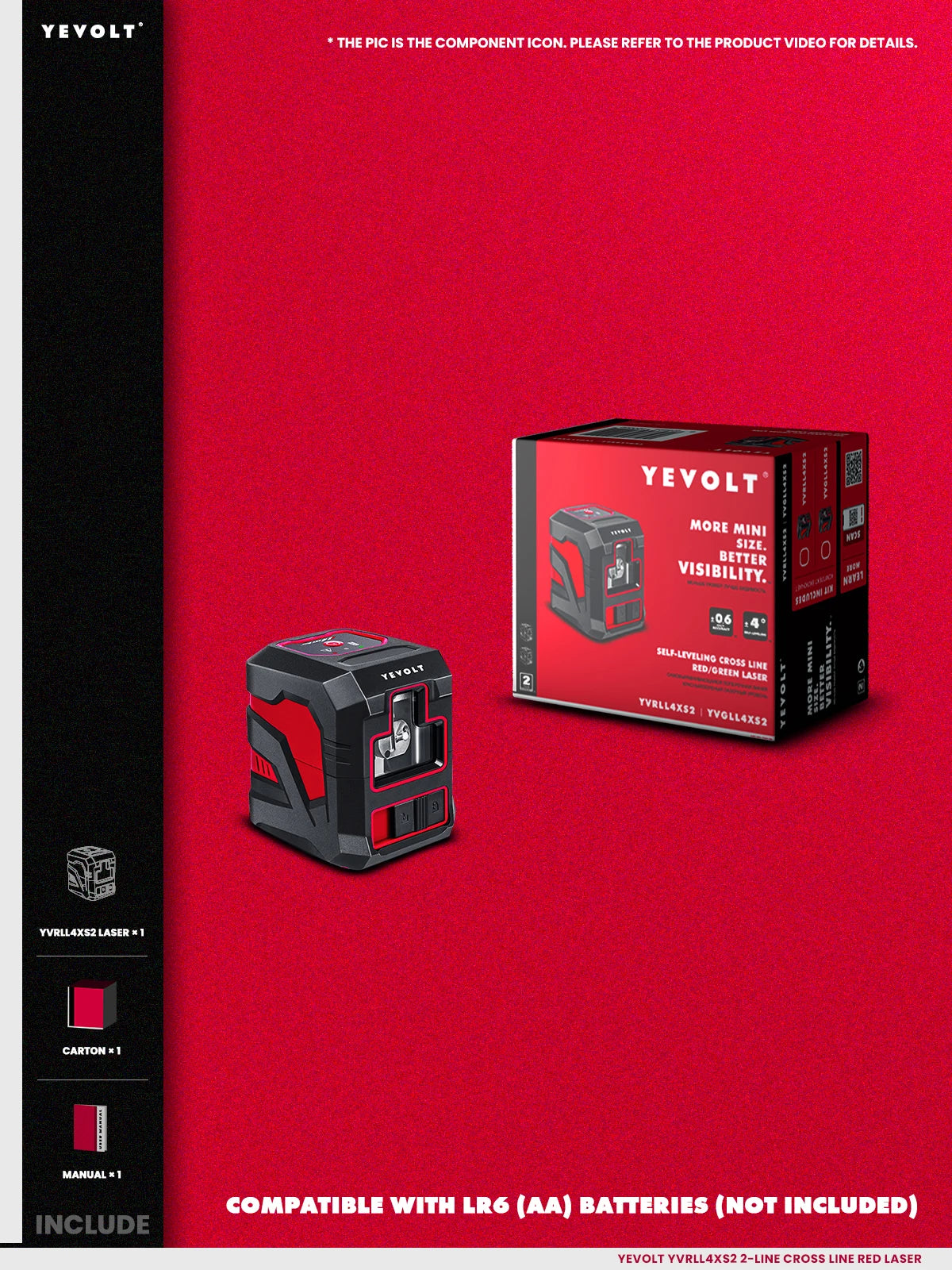 YEVOLT Cross Line Laser Level Red/Green Self-leveling DIY 2-Line Efficient Layout and Alignment Measuring - YVRLL4XS2/YVGLL4XS2