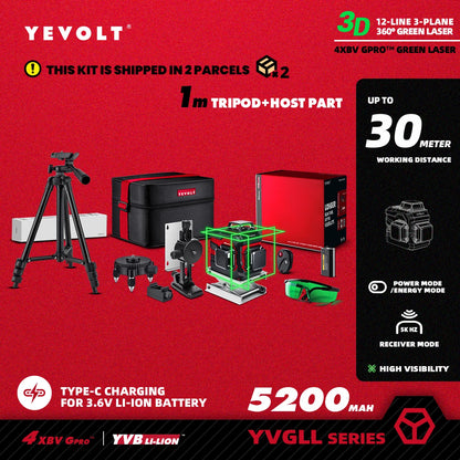 Nível a laser verde YEVOLT 3/4-Plano TL-YVGLL4XS-Series 12/16-Linhas Autonivelante 360 ​​3D/4D Ferramenta de medição de potência - Tripé de 1 m