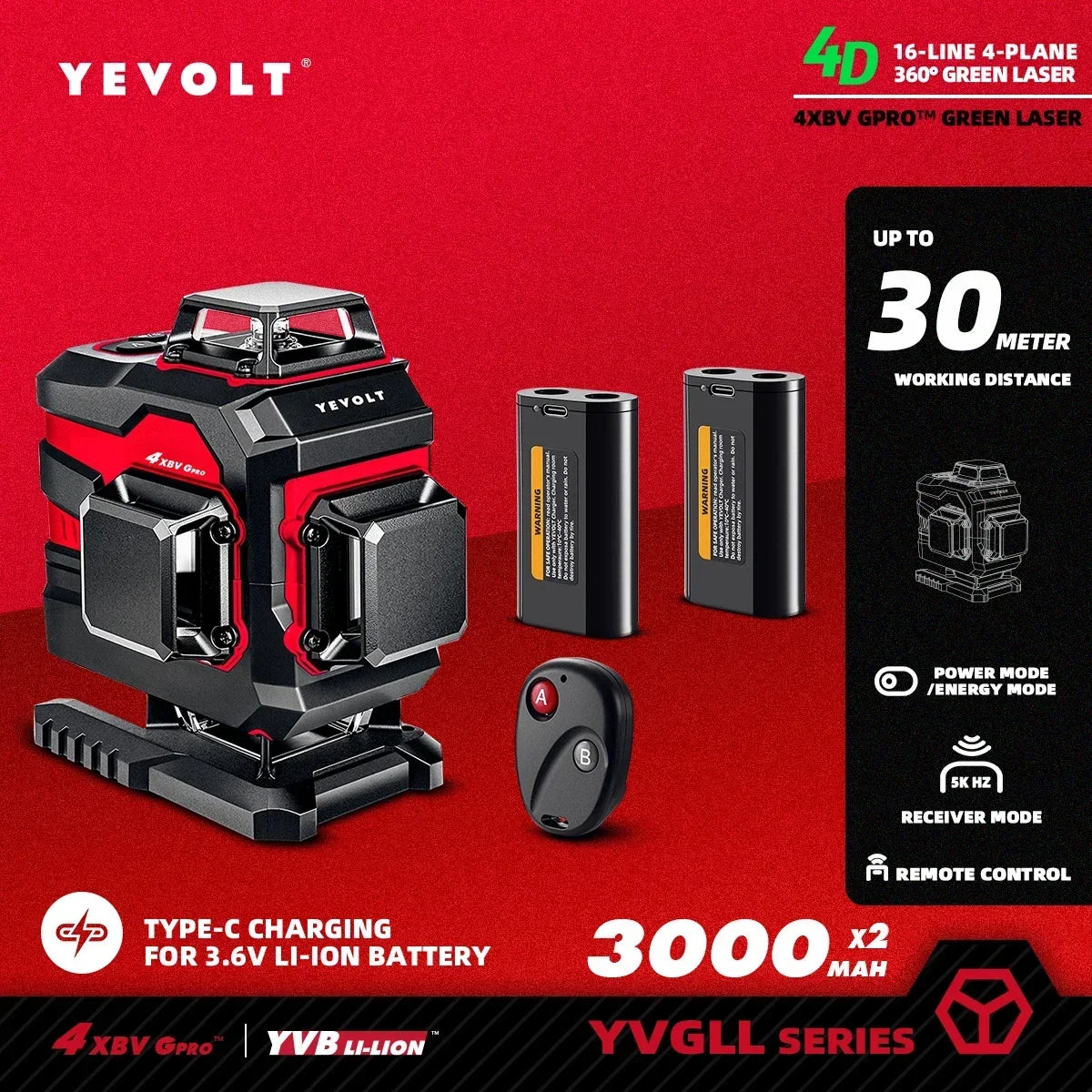 YEVOLT YVGLL4XS16 Nível a laser rotativo de 16 linhas de layout completo Sistema de alinhamento de ladrilhos autonivelante QuikTilt Alcance de 30 m de precisão