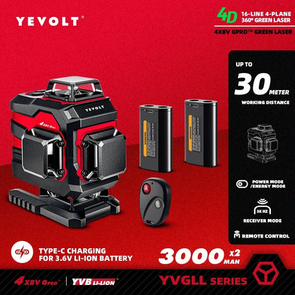 YEVOLT YVGLL4XS16 Sistema de alinhamento de ladrilhos a laser rotativo de 16 linhas com layout completo Nível QuikTilt Autonivelante de precisão Alcance de 30 m