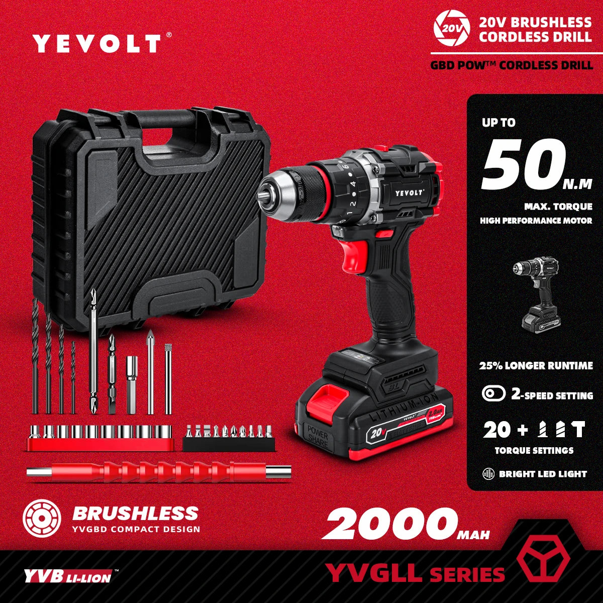 YEVOLT YVGBD20DU3 Series Brushless Electric Drill 20V 20+3 0-1450 RPM Impact Cordless Driver Handheld LED Screwdriver Power Tool