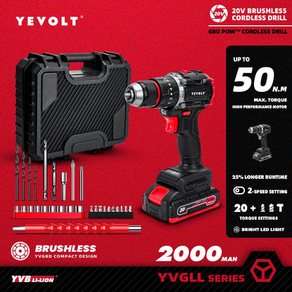 YEVOLT YVGBD20DU3 Series Brushless Electric Drill 20V 20+3 0-1450 RPM Impact Cordless Driver Handheld LED Screwdriver Power Tool
