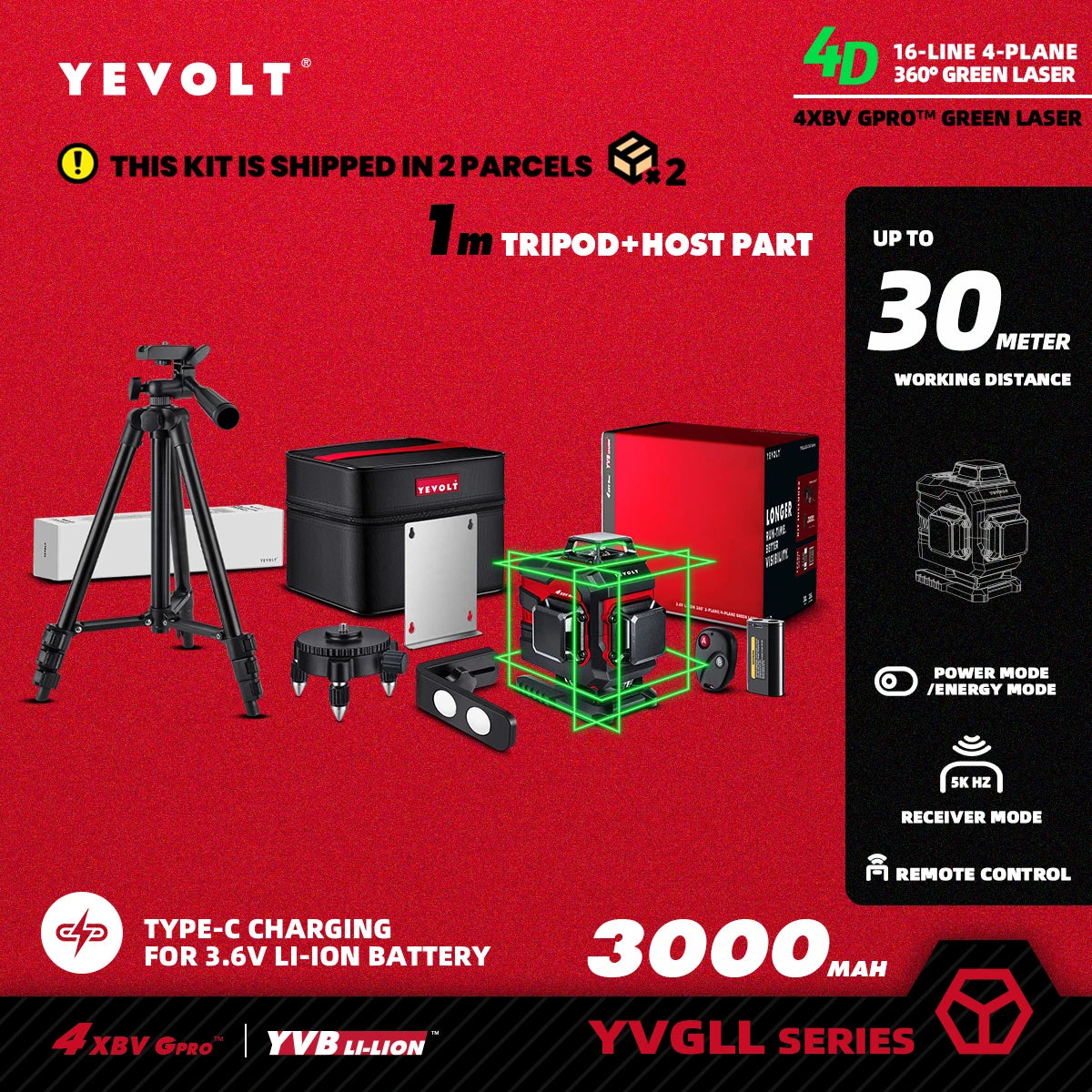 Nível a laser YEVOLT Green Beam, 16 linhas, autonivelante, 360°, 3D, horizontal e vertical, ferramentas de medição precisas - Série YVGLL4XS16