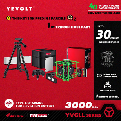Nível a laser YEVOLT Green Beam, 16 linhas, autonivelante, 360°, 3D, horizontal e vertical, ferramentas de medição precisas - Série YVGLL4XS16