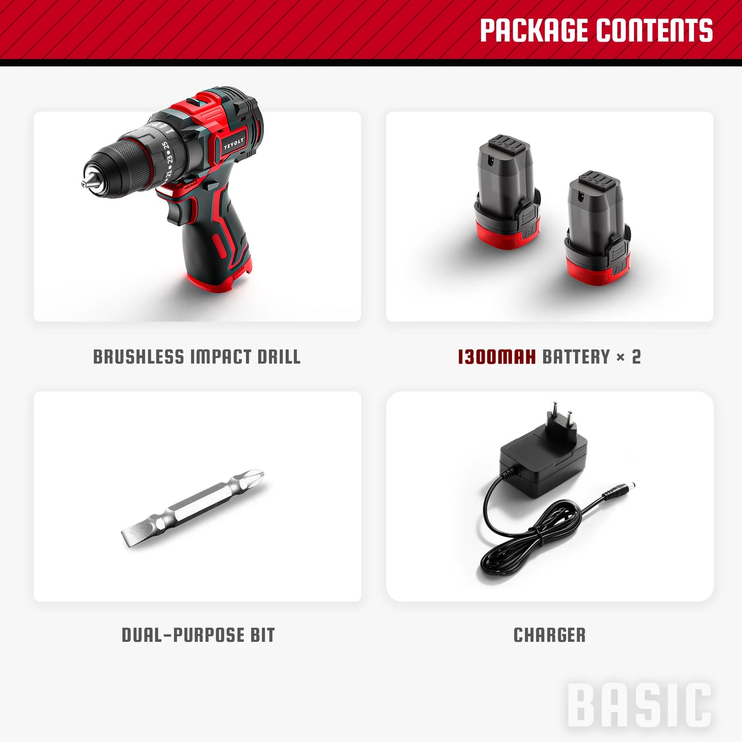 YEVOLT YVGCB16JY Series 16V Brushless Electric Drill Li-ion Compact Cordless Driver High Speed Handheld Screwdriver Power Tools