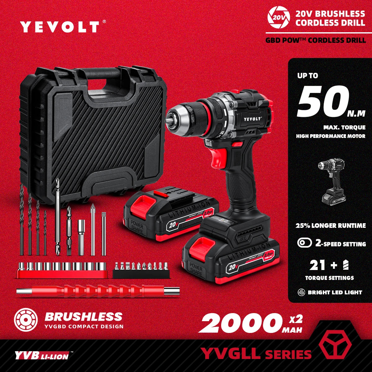 YEVOLT 20V Brushless Electric Drill  Handheld Screwdriver Li-ion Compact Cordless 21+1 Driver Power Tools-YVGBD20DU2 Series