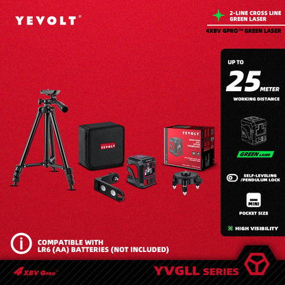 Nível de laser de linha cruzada YEVOLT YVRLL4XS2/YVGLL4XS2 Vermelho/Verde 2 linhas autonivelantes ferramentas de construção