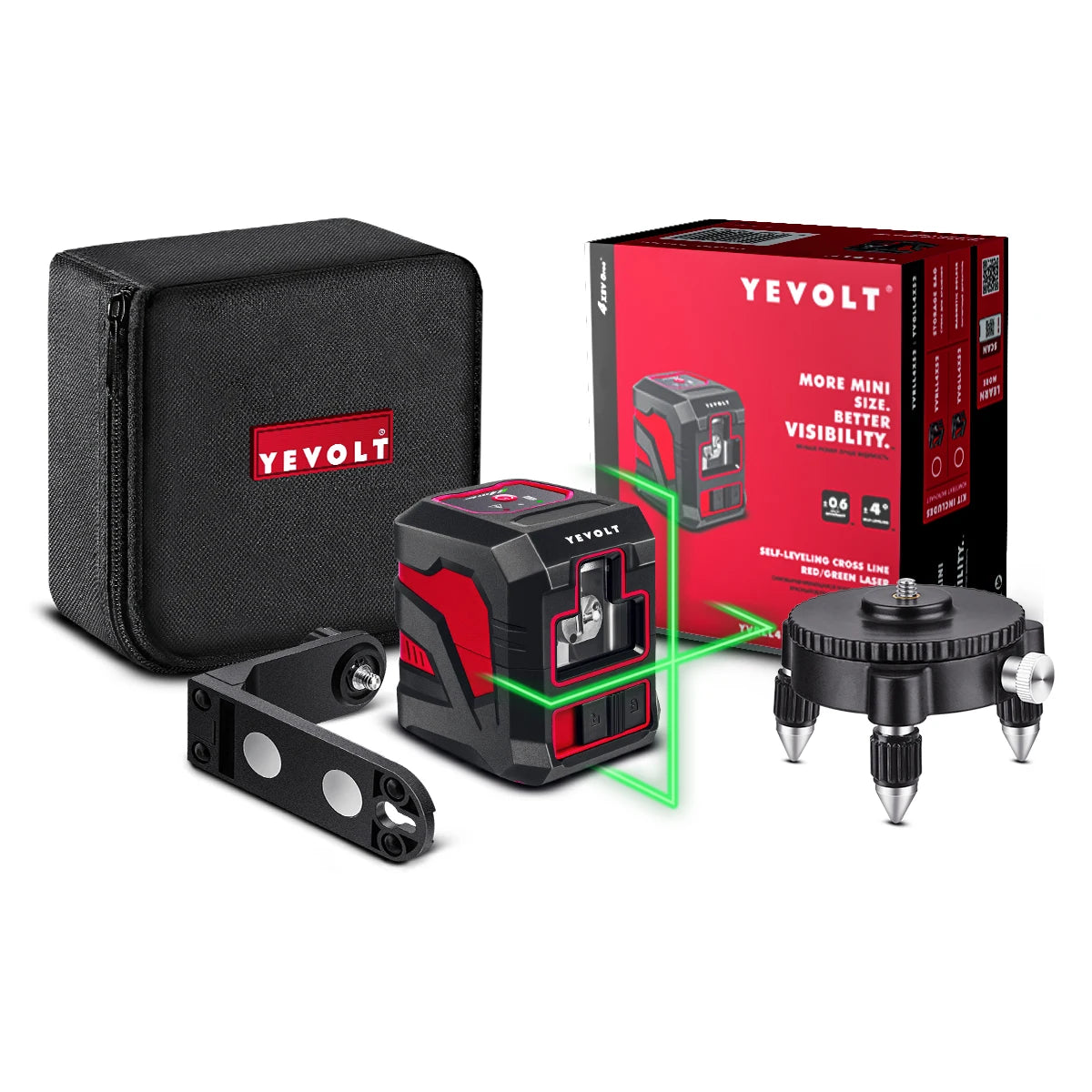 Kit de nivel láser verde de líneas cruzadas YEVOLT YVGLL4XS2B1-b, base giratoria de 2 líneas, autonivelante, herramientas de medición para maquinaria de construcción