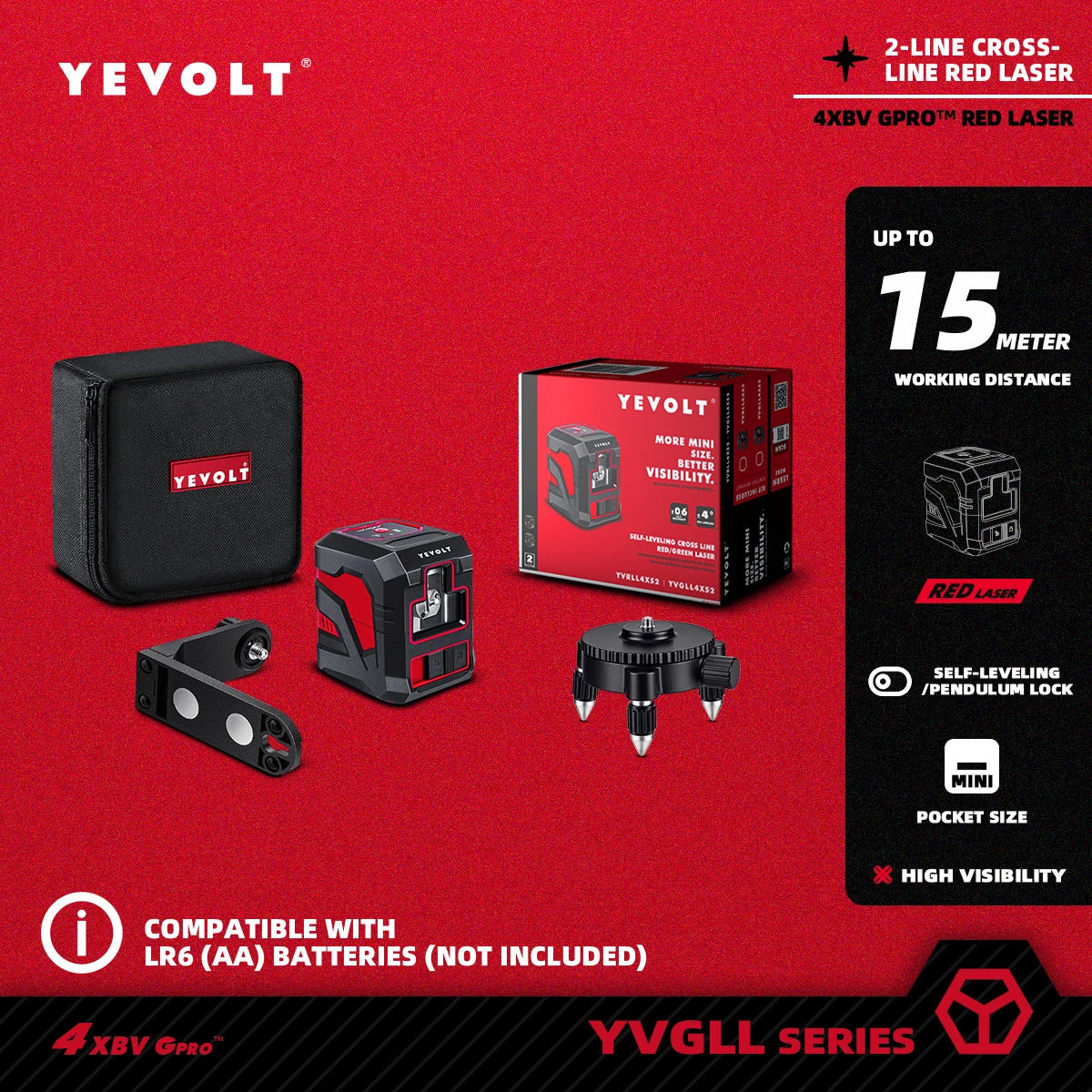 Nível de laser de linha cruzada YEVOLT YVRLL4XS2/YVGLL4XS2 Vermelho/Verde 2 linhas autonivelantes ferramentas de construção
