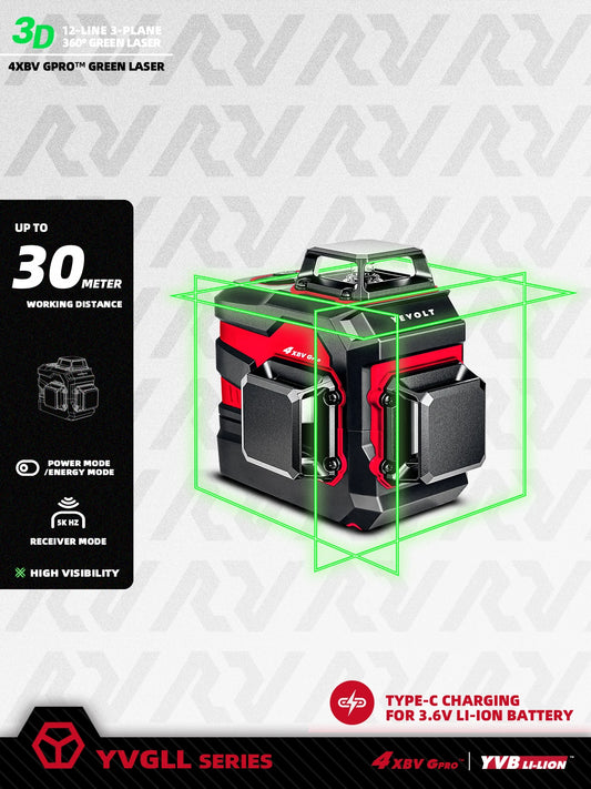 YEVOLT YVGLL4XS12 Series Green Laser Level 3-Plane 12-Line Self-leveling 360 3D Horizontal & Vertical 3.6V 3Ah Power Tools