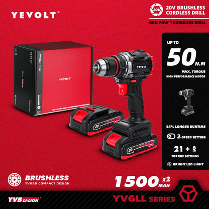 YEVOLT Cordless Electric Drill 20V - Brushless Motor, 2-Speed (0-550/1450RPM) 50N.m Torque LED Light for Prolonged DIY Projects