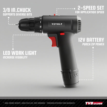 Furadeira elétrica YEVOLT série YVGCD12MI 12V, mandril de 3/8", chave de fenda sem fio, ferramentas elétricas para madeira/alumínio/aço