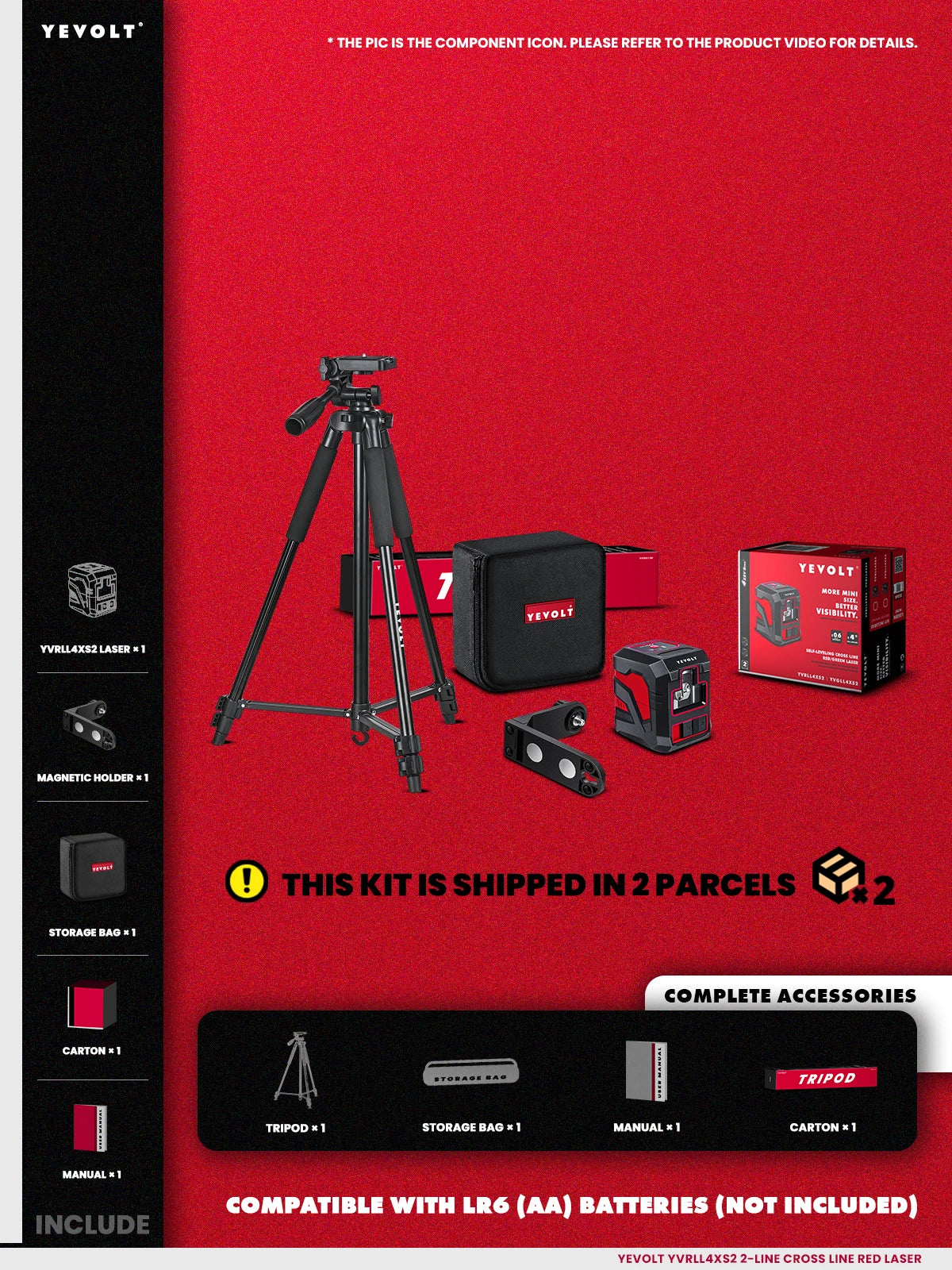 YEVOLT Cross Line Laser Level Red/Green Self-leveling DIY 2-Line Efficient Layout and Alignment Measuring - YVRLL4XS2/YVGLL4XS2