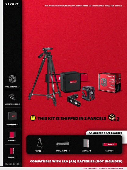 YEVOLT Cross Line Laser Level Red/Green Self-leveling DIY 2-Line Efficient Layout and Alignment Measuring - YVRLL4XS2/YVGLL4XS2