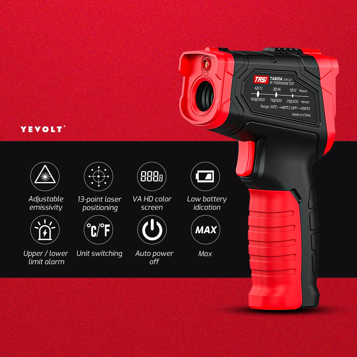Termômetro infravermelho digital série YEVOLT TA601, portátil, sem contato, infravermelho, laser, pistola de calor, temperatura, ponto VA, tela colorida HD