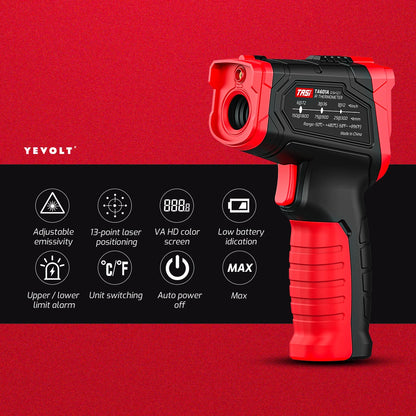 Termómetro infrarrojo digital YEVOLT serie TA601, portátil, sin contacto, con láser IR, punta de pistola de calor, pantalla a color VA HD