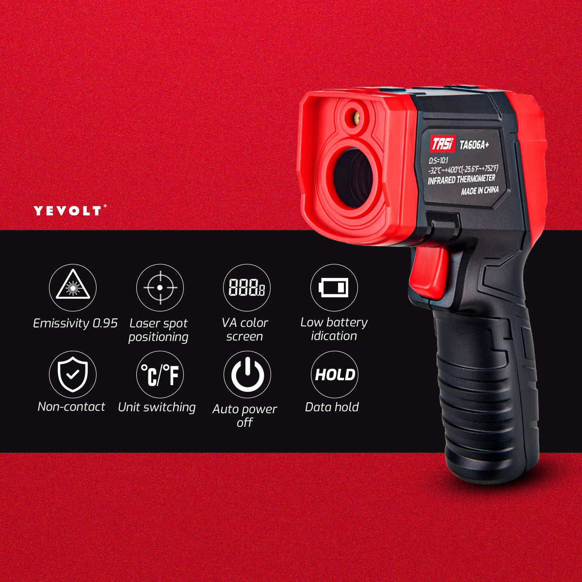 Termômetro infravermelho digital série YEVOLT TA606+, portátil, sem contato, infravermelho, laser, temperatura, pistola, ponto, tela colorida VA