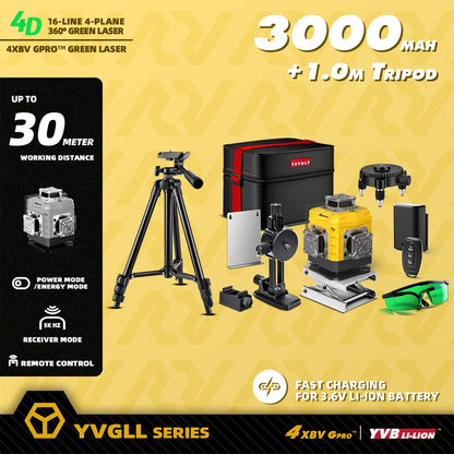 YEVOLT 16-Line Laser Level YVGLL4XS16G-515nm Green Beam 30m Visible Energy Saver 360° Coverage 4s Fast Self-Leveling
