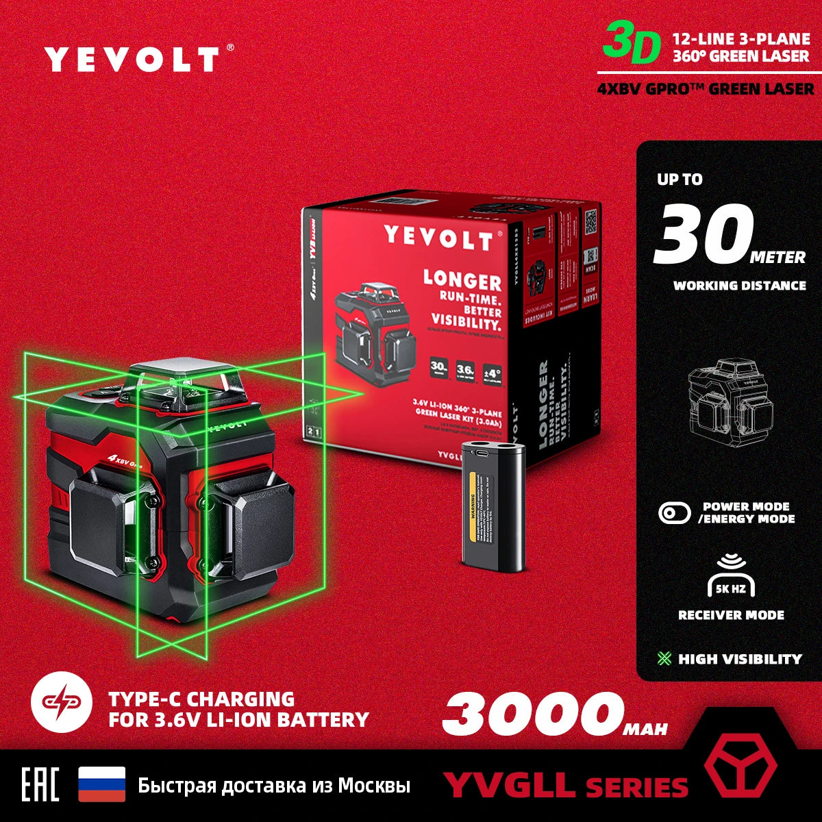 Nível a laser verde YEVOLT, 12/16 linhas, autonivelante, 360°, ferramenta de medição 3D/4D - Tripé de 1,5 m - Série YVGLL4XS