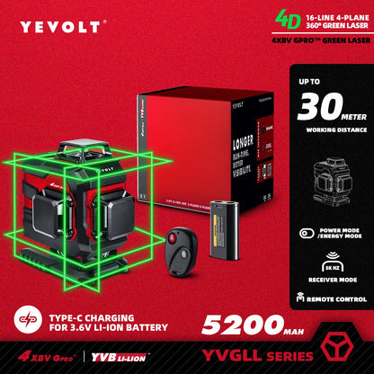 Nível a laser YEVOLT Green Beam, 16 linhas, autonivelante, 360°, 3D, horizontal e vertical, ferramentas de medição precisas - Série YVGLL4XS16