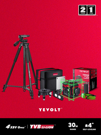 Nível a laser verde série YEVOLT YVGLL4XS12PRO, 3 planos, 12 linhas, autonivelante, 360 graus, horizontal e vertical, 3,6 V, 5,2 Ah, ferramentas elétricas