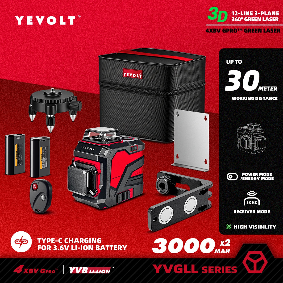 Nível a laser de 12 linhas 3D 360° YEVOLT YVGLL4XS12 com autonivelamento ErgoGrip de dupla potência e alta precisão, alcance de trabalho de 30 m