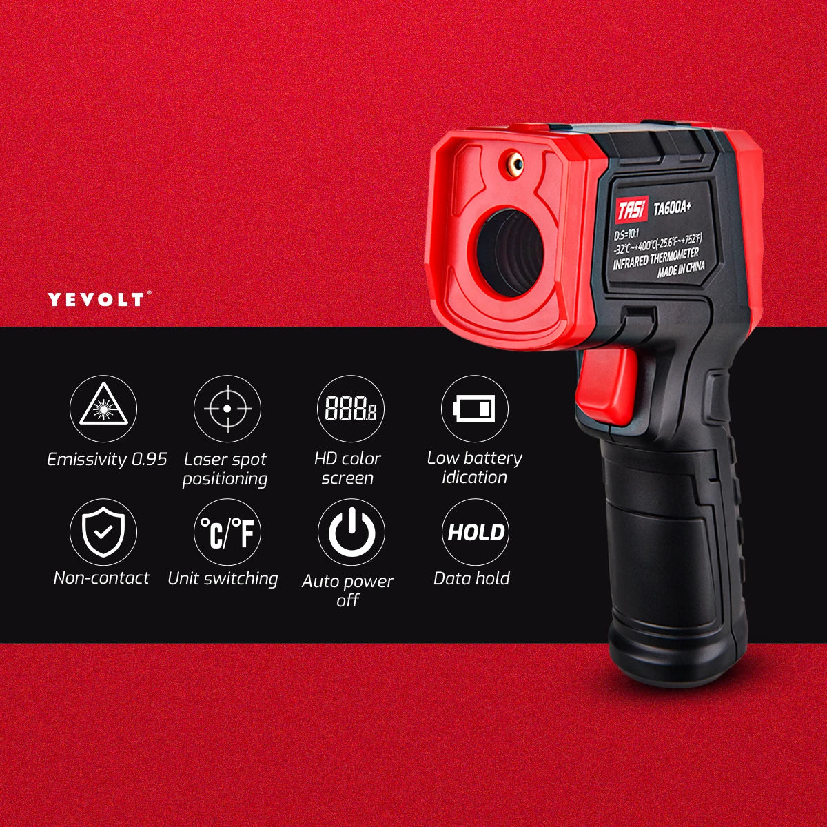 Termômetro infravermelho digital série YEVOLT TA600+, portátil, sem contato, infravermelho, laser, pistola de calor, temperatura, tela HD para cozinhar