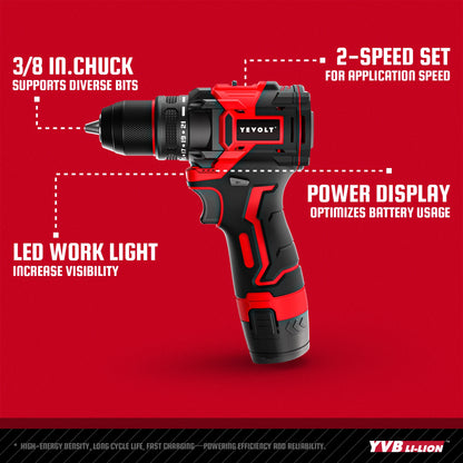YEVOLT YVGCB12JY Series 12V Brushless Electric Drill Li-ion Compact Cordless Driver High Speed Handheld Screwdriver Power Tools