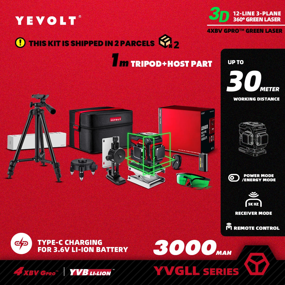 Nível a laser verde YEVOLT TL-YVGLL4XS-Series 3/4-Plano 12/16-Linhas Autonivelante 360 ​​3D/4D Ferramenta de medição de potência - Tripé de 1 m