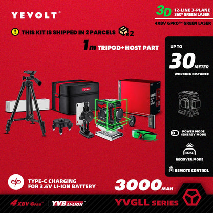 Nível a laser verde YEVOLT TL-YVGLL4XS-Series 3/4-Plano 12/16-Linhas Autonivelante 360 ​​3D/4D Ferramenta de medição de potência - Tripé de 1 m