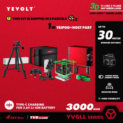 Nível a laser verde YEVOLT TL-YVGLL4XS-Series 3/4-Plano 12/16-Linhas Autonivelante 360 ​​3D/4D Ferramenta de medição de potência - Tripé de 1 m
