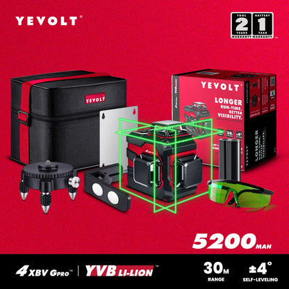 Kit de nível de laser verde 3D YEVOLT YVGLL4XS12B2PRO de 12 linhas, 360°, bateria de 5200 mAh, óculos, suporte de parede, base giratória, bolsa Oxford