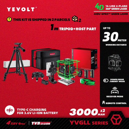Nível a laser YEVOLT Green Beam, 16 linhas, autonivelante, 360°, 3D, horizontal e vertical, ferramentas de medição precisas - Série YVGLL4XS16