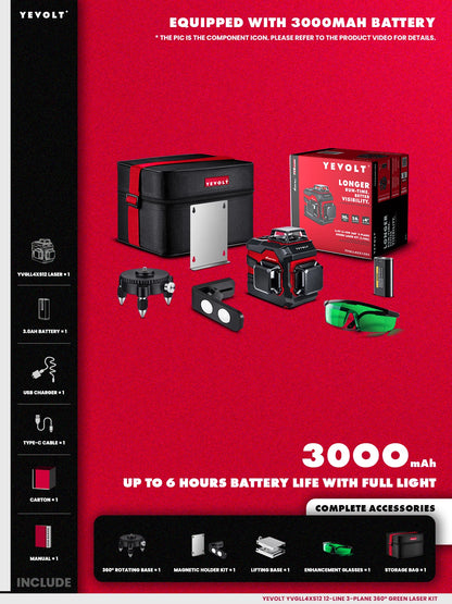 Nível a laser verde série YEVOLT YVGLL4XS12, 3 planos, 12 linhas, autonivelante, 360 graus, horizontal e vertical, 3,6 V, 3 Ah, ferramentas elétricas