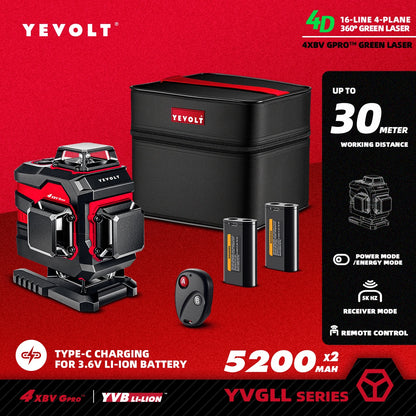 Nível a laser multiplano de 16 linhas cruzadas YEVOLT YVGLL4XS16 360°x4, instalação de carpete mestre, nível de precisão de 30 m de comprimento