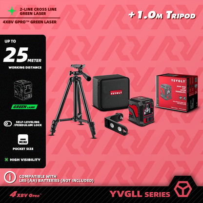 Kit de linhas cruzadas verdes YEVOLT Laser Level YVGLL4XS2 de 2 linhas - Suporte magnético, nivelamento automático, layout e ferramentas de medição de alinhamento