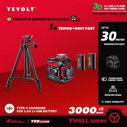 Nível a laser comercial YEVOLT YVGLL4XS12 TriPlane de 12 linhas, bateria autonivelante FloorMaster + alimentação dupla USB, alta precisão, cobertura de 30 m