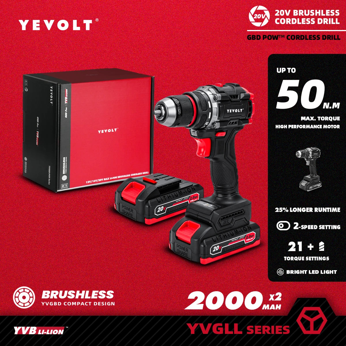 YEVOLT Cordless Electric Drill 20V - Brushless Motor, 2-Speed (0-550/1450RPM) 50N.m Torque LED Light for Prolonged DIY Projects