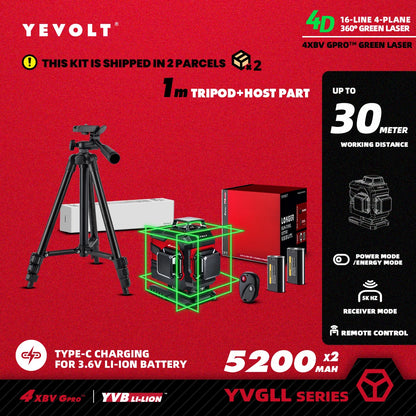 Nível a laser YEVOLT Green Beam 3D horizontal e vertical, 16 linhas, autonivelante, ferramentas de medição precisas de 360° - Série YVGLL4XS16