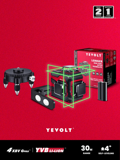 Kit de nível a laser verde YEVOLT YVGLL4XS12B2 de 3 planos, alimentação de íons de lítio de 3,6 V, base giratória, suporte magnético, ferramenta de medição 3D de 12 linhas